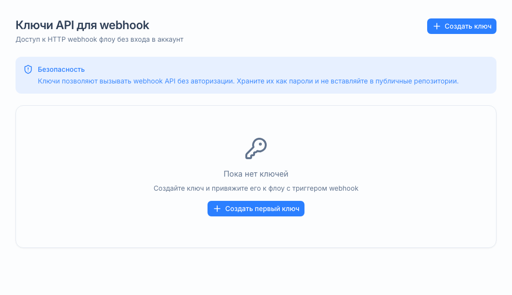 Экран «Ключи API»: выпуск и привязка ключей